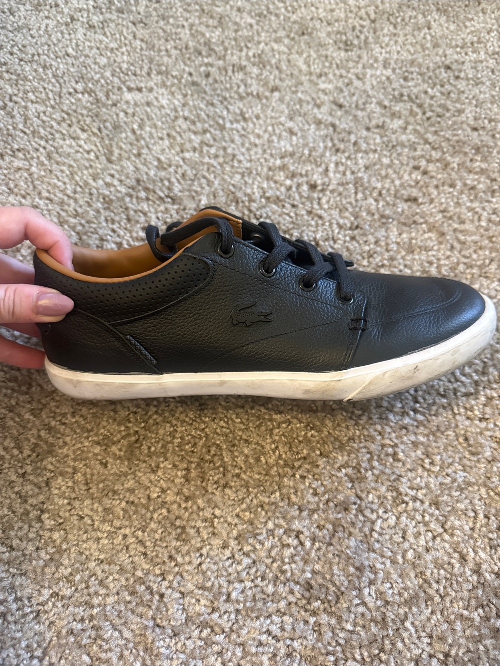 Lacoste Men's Black Leather Low-Top Sneakers with White Sole and Tan Lining